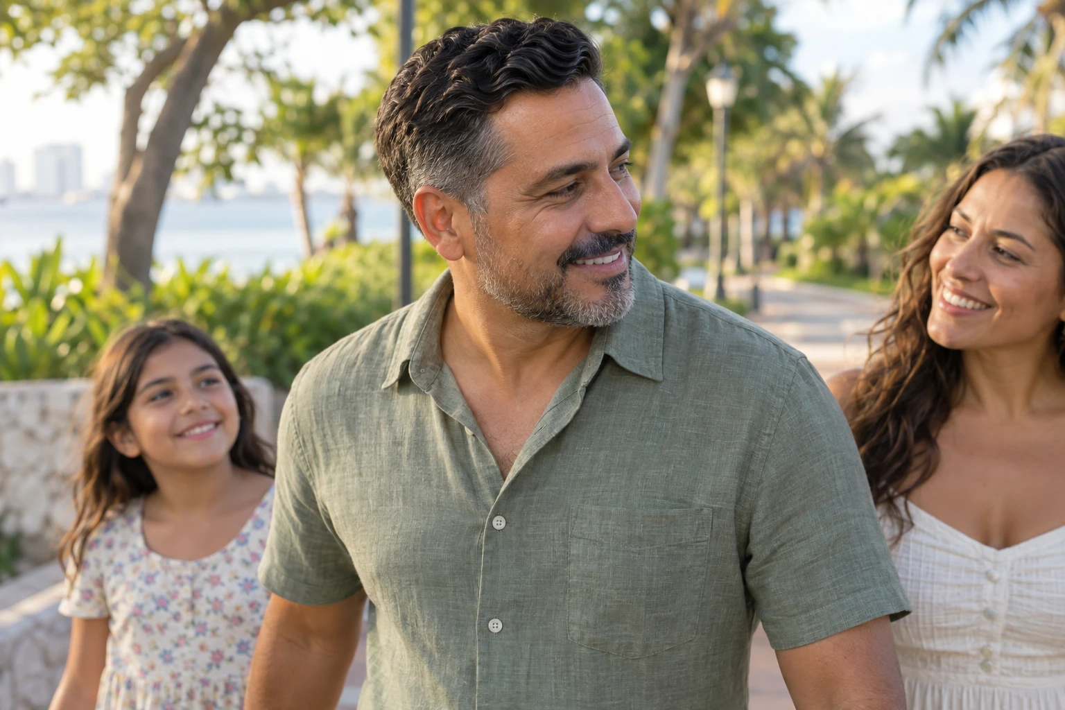 Modelos ilustrativos de una familia de paseo; el padre luce corte reciente, barba y bigote arreglados.